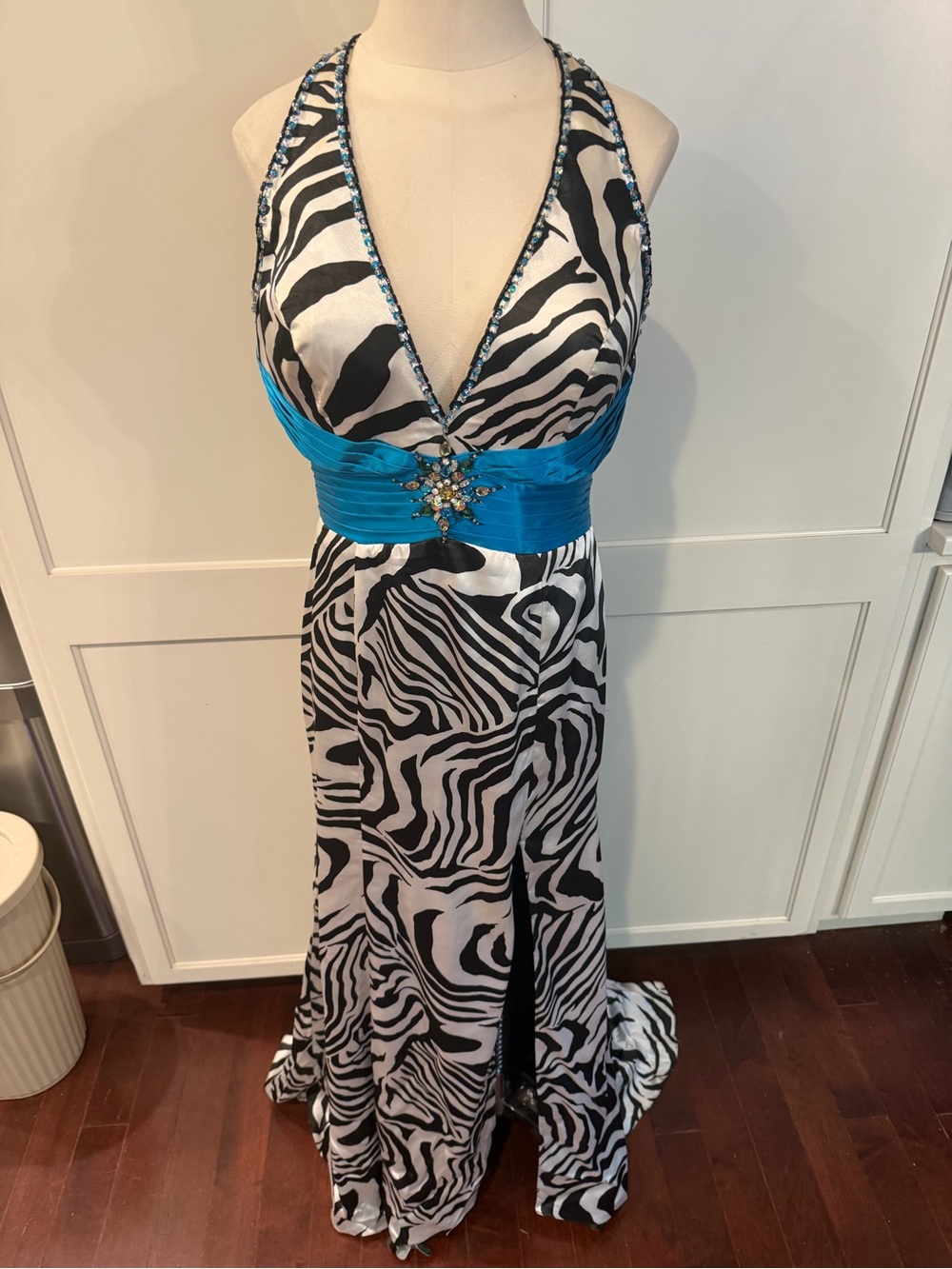 Night moves Black & White Zebra Print Halter Evening Dress with Turquoise Waist